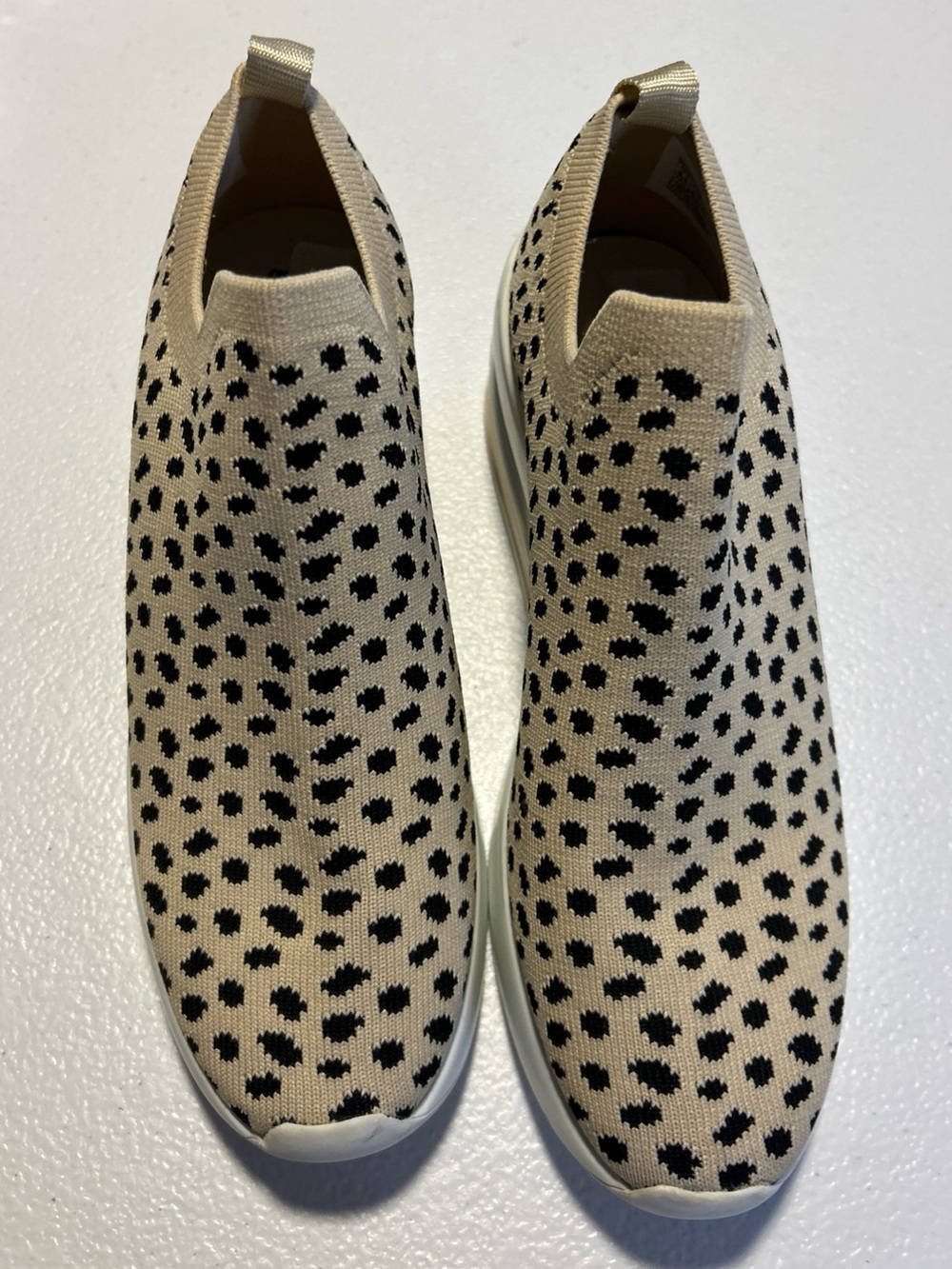 Gianni Bini Cream Knit Slip-On Sneakers with Black Spot Print
